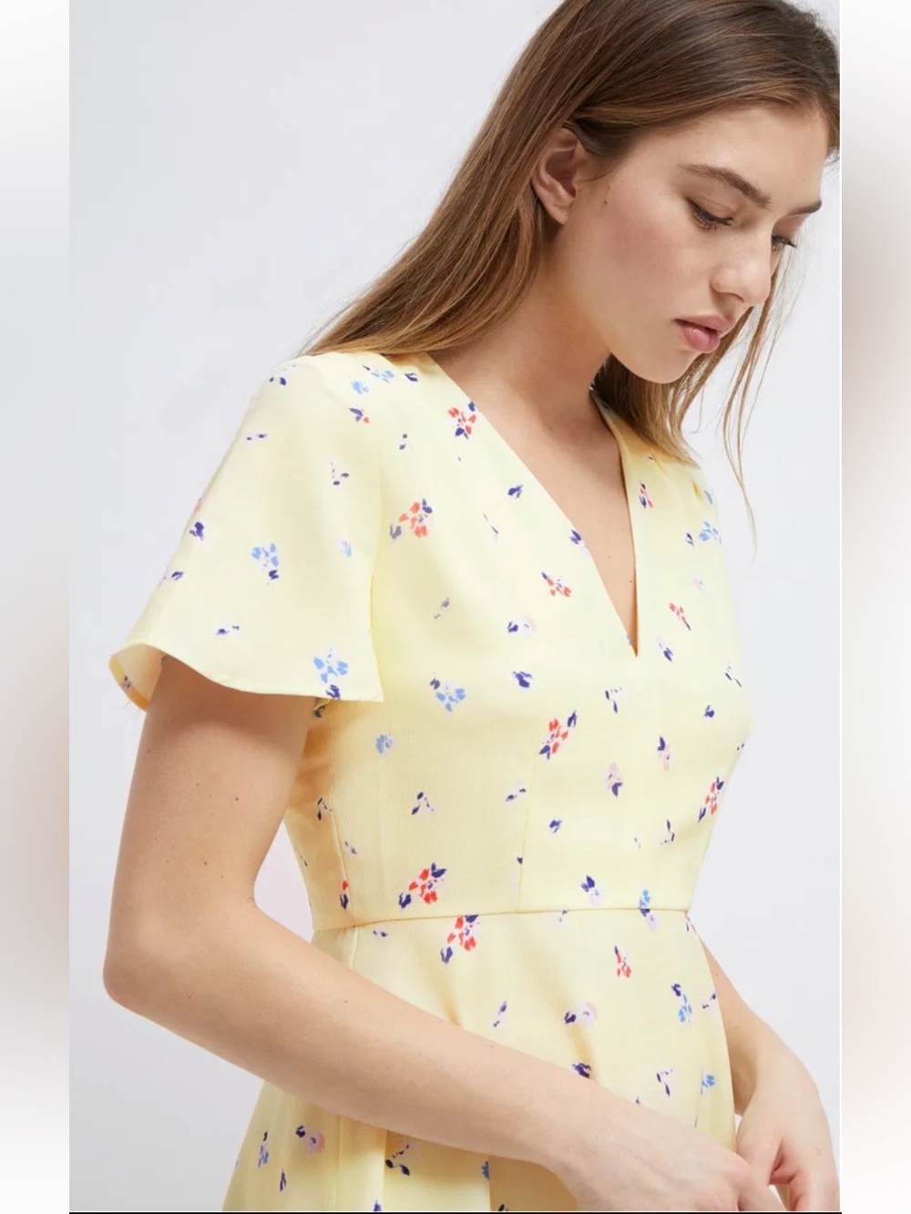 French Connection Yellow Floral Flutter Sleeve Skater Dress - Size US 6 - Picture 3 of 16